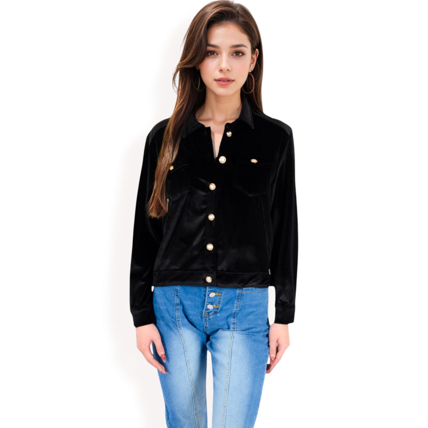 Anna-Kaci Women's Button-Up Velvet Jacket with Chest Pockets