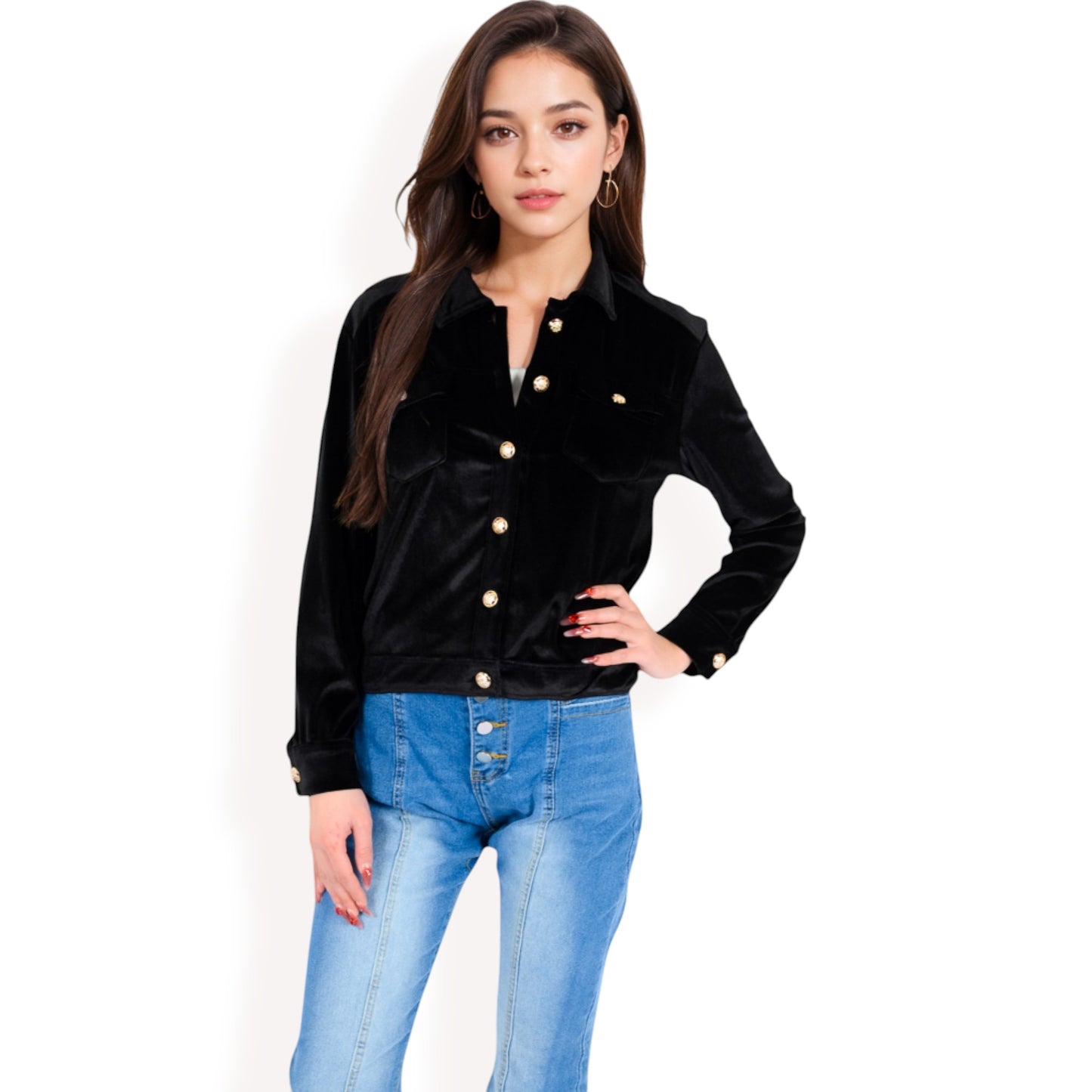 Anna-Kaci Women's Button-Up Velvet Jacket with Chest Pockets