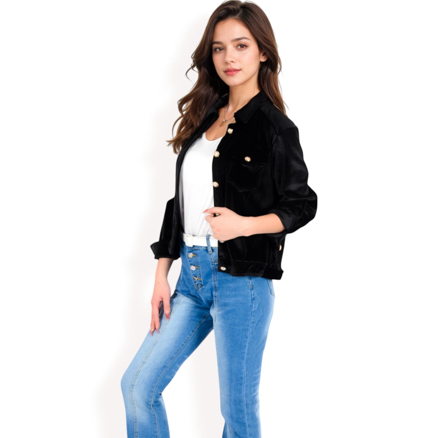 Anna-Kaci Women's Button-Up Velvet Jacket with Chest Pockets