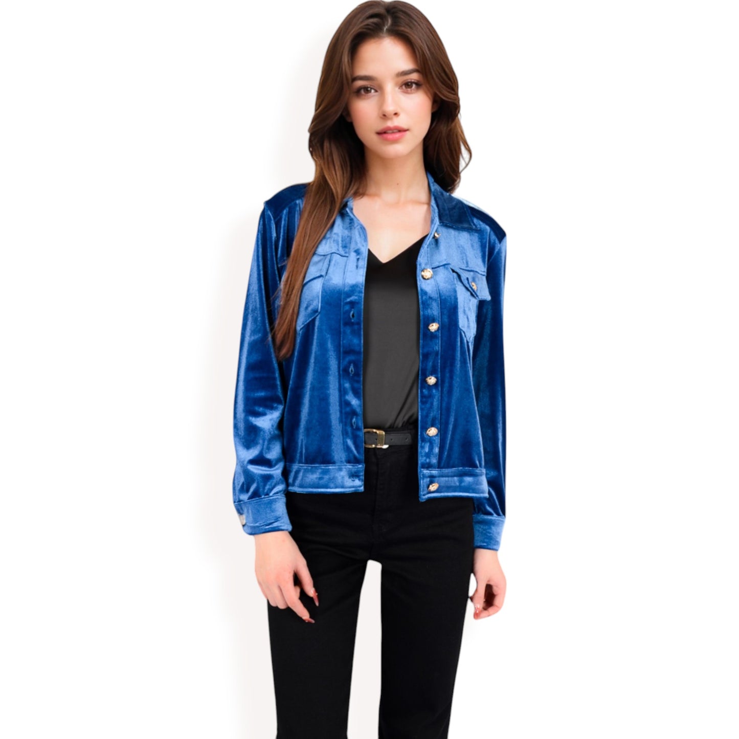 Anna-Kaci Women's Button-Up Velvet Jacket with Chest Pockets