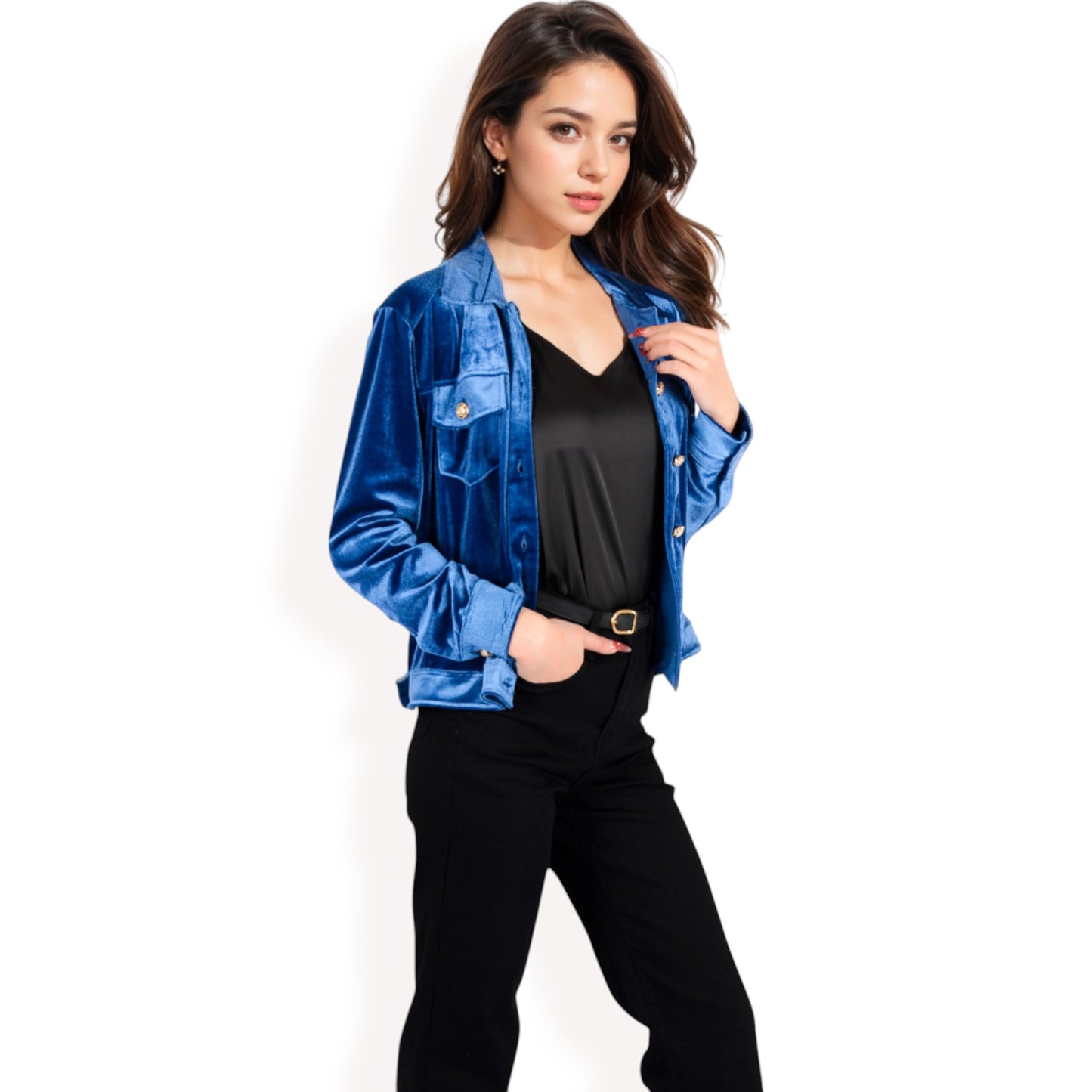 Anna-Kaci Women's Button-Up Velvet Jacket with Chest Pockets
