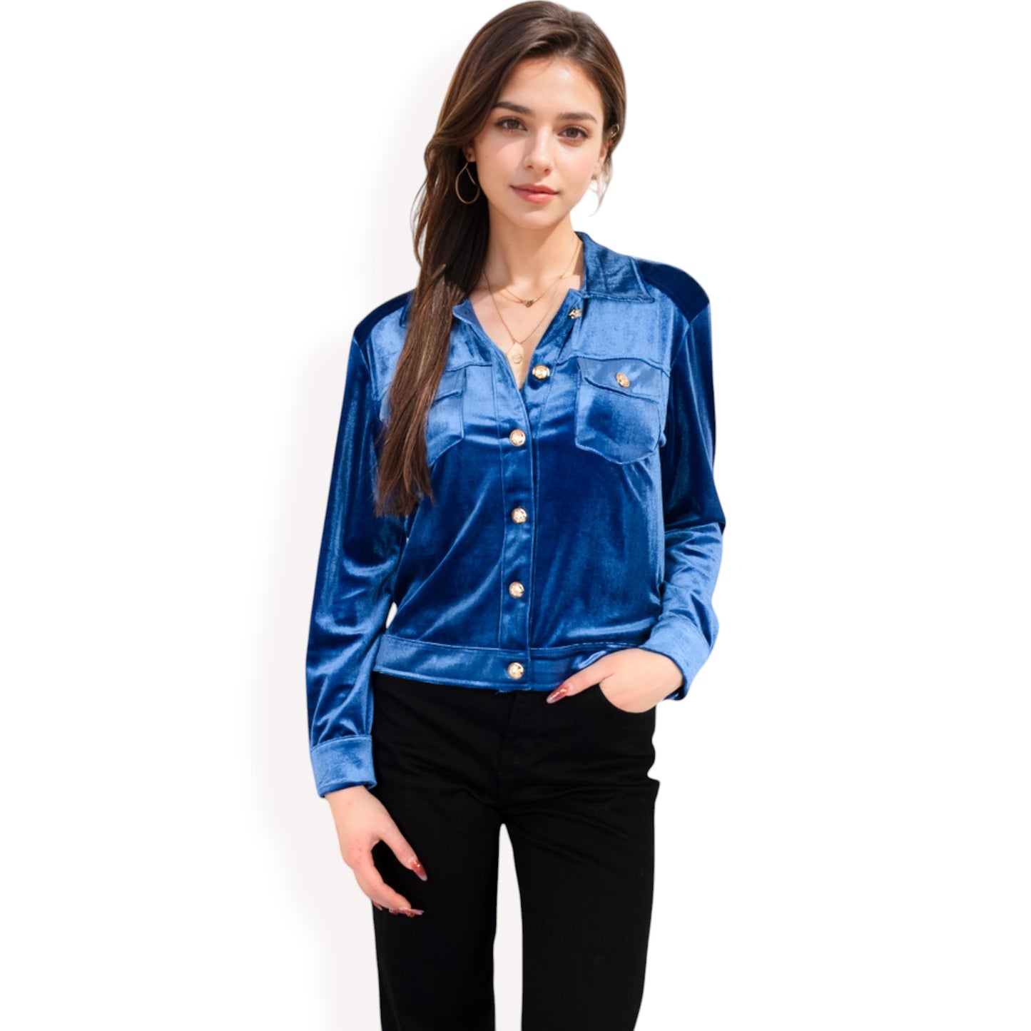 Anna-Kaci Women's Button-Up Velvet Jacket with Chest Pockets