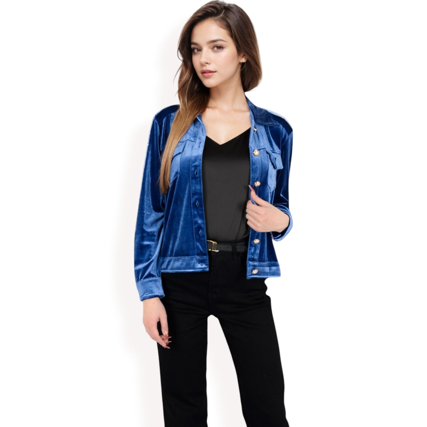 Anna-Kaci Women's Button-Up Velvet Jacket with Chest Pockets