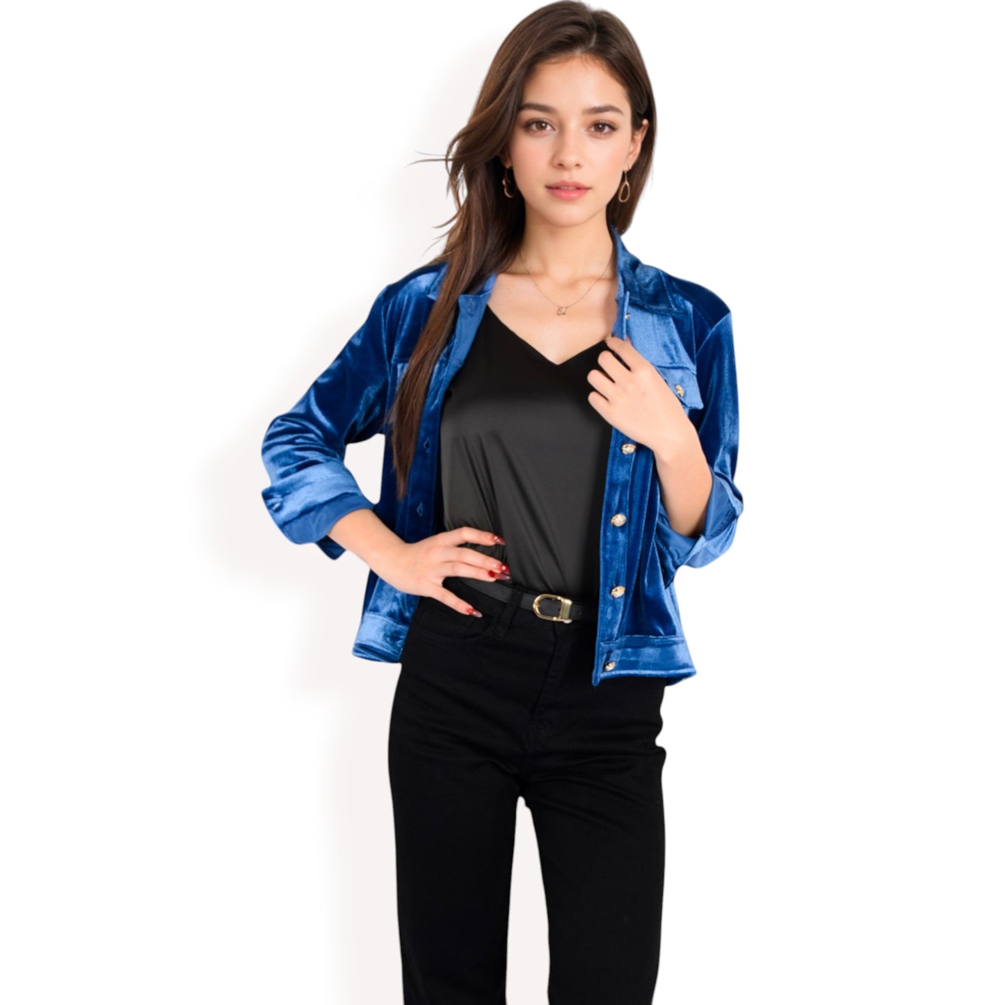 Anna-Kaci Women's Button-Up Velvet Jacket with Chest Pockets