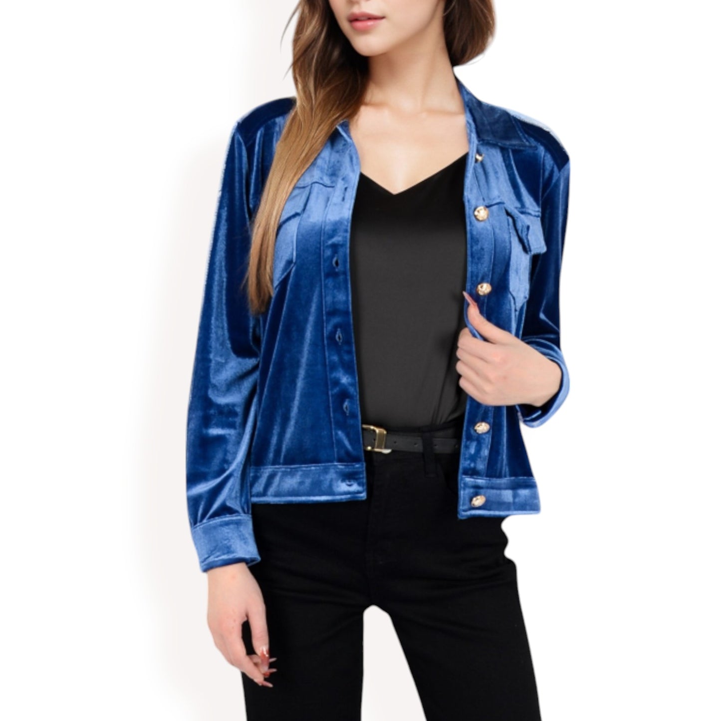Anna-Kaci Women's Button-Up Velvet Jacket with Chest Pockets