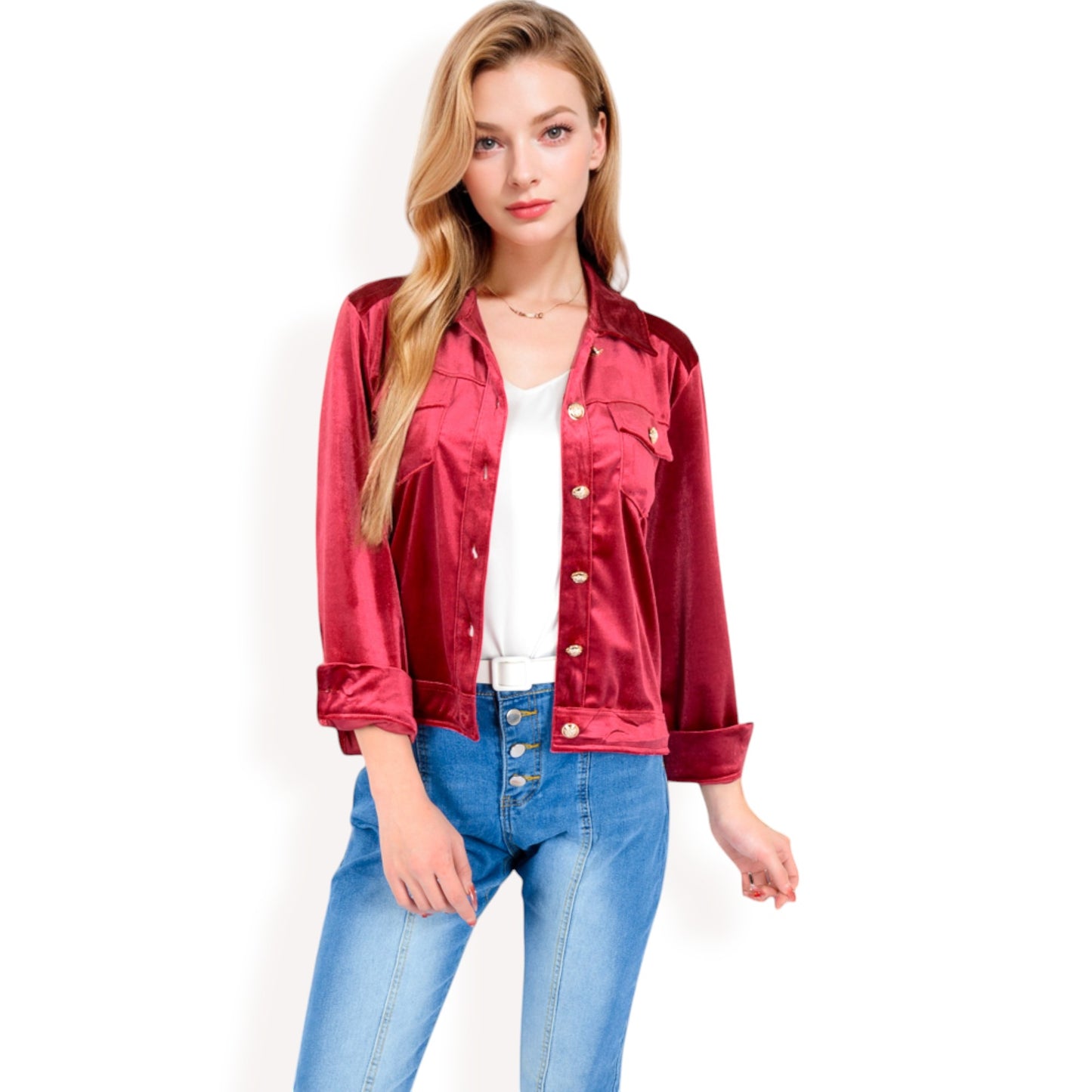 Anna-Kaci Women's Button-Up Velvet Jacket with Chest Pockets