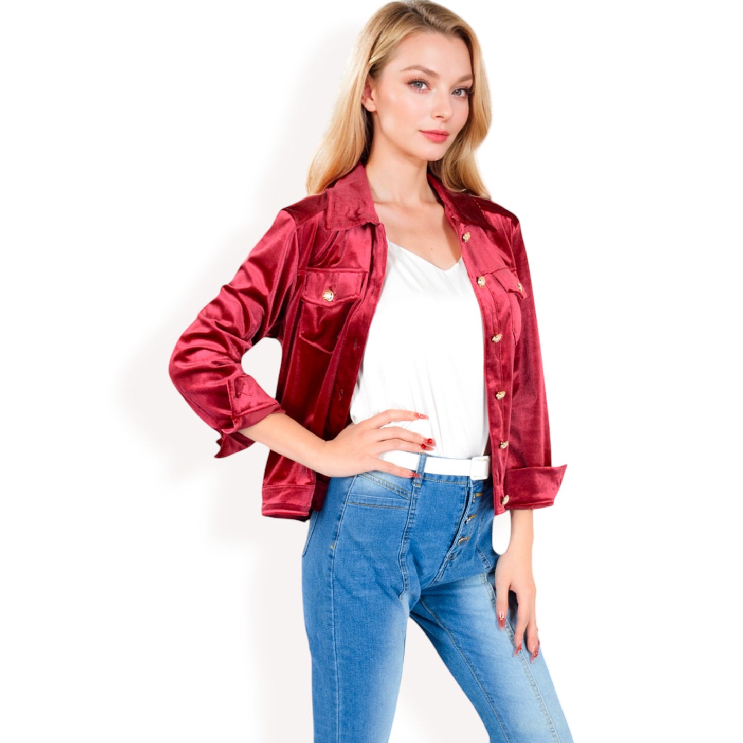 Anna-Kaci Women's Button-Up Velvet Jacket with Chest Pockets