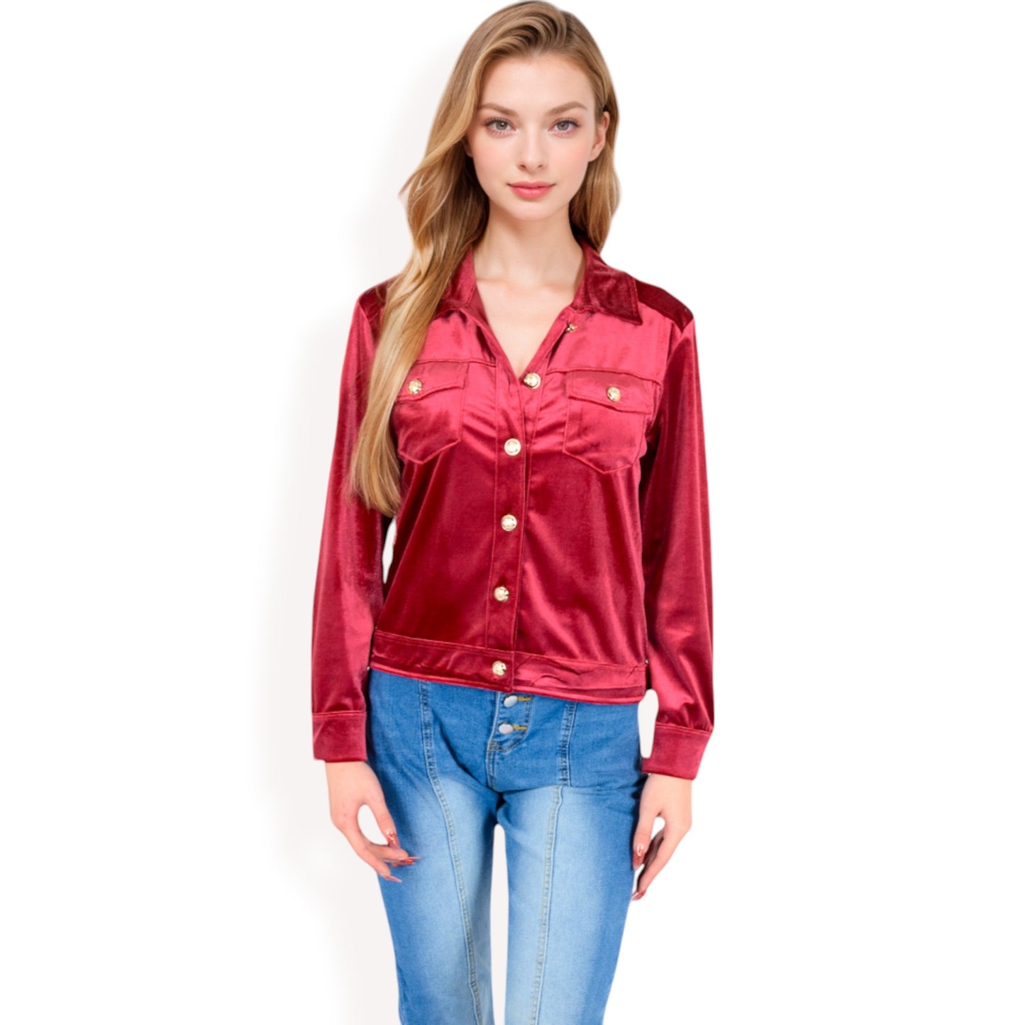 Anna-Kaci Women's Button-Up Velvet Jacket with Chest Pockets