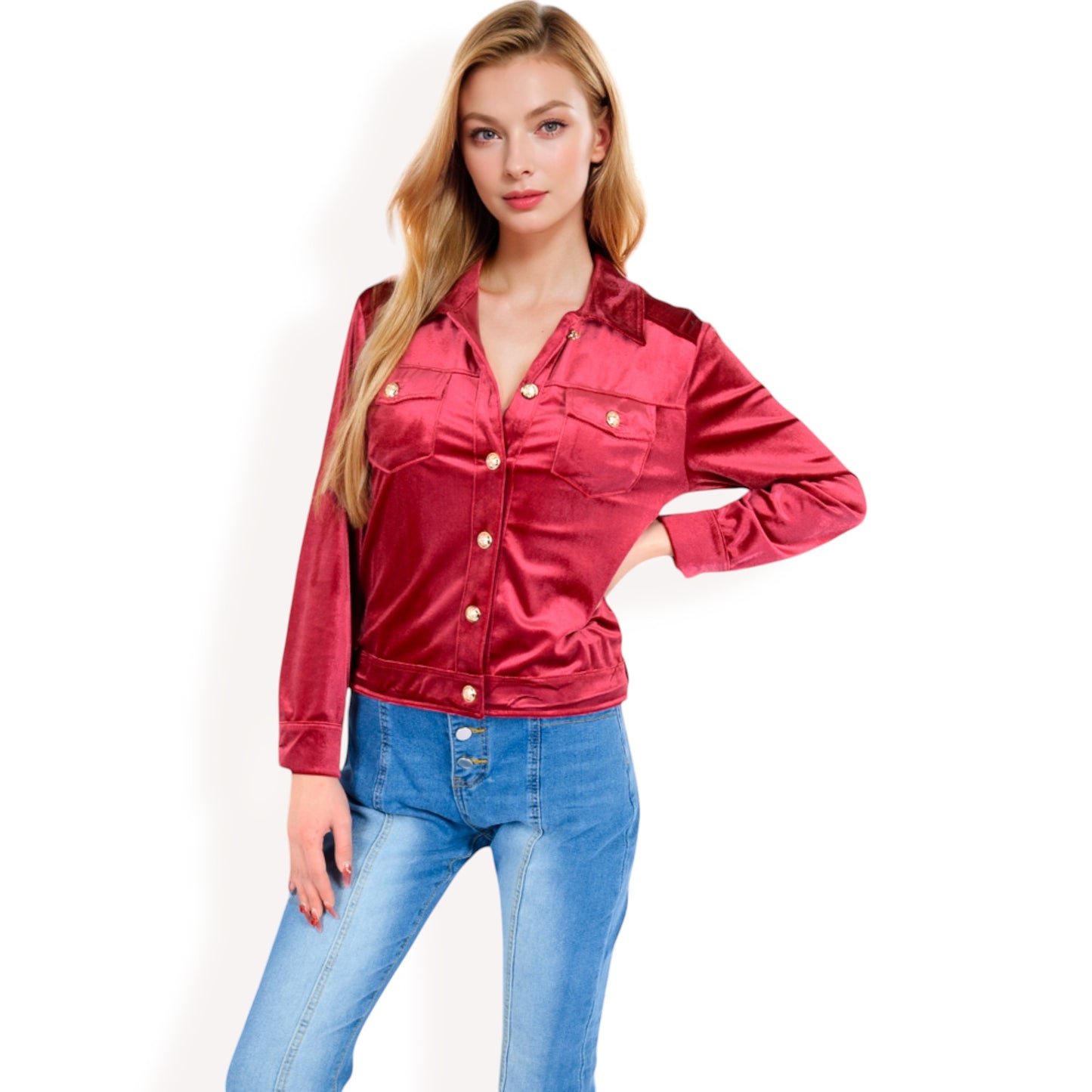 Anna-Kaci Women's Button-Up Velvet Jacket with Chest Pockets