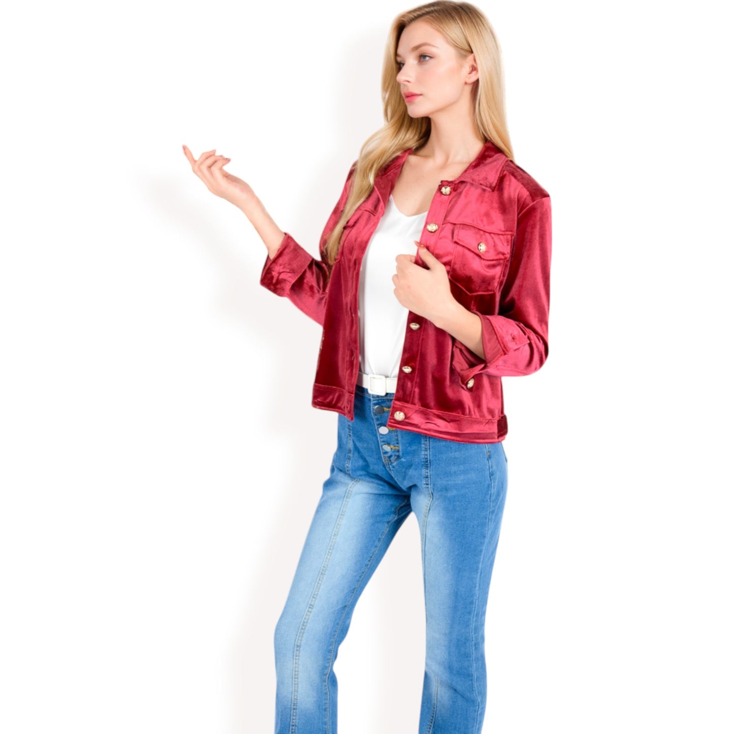 Anna-Kaci Women's Button-Up Velvet Jacket with Chest Pockets