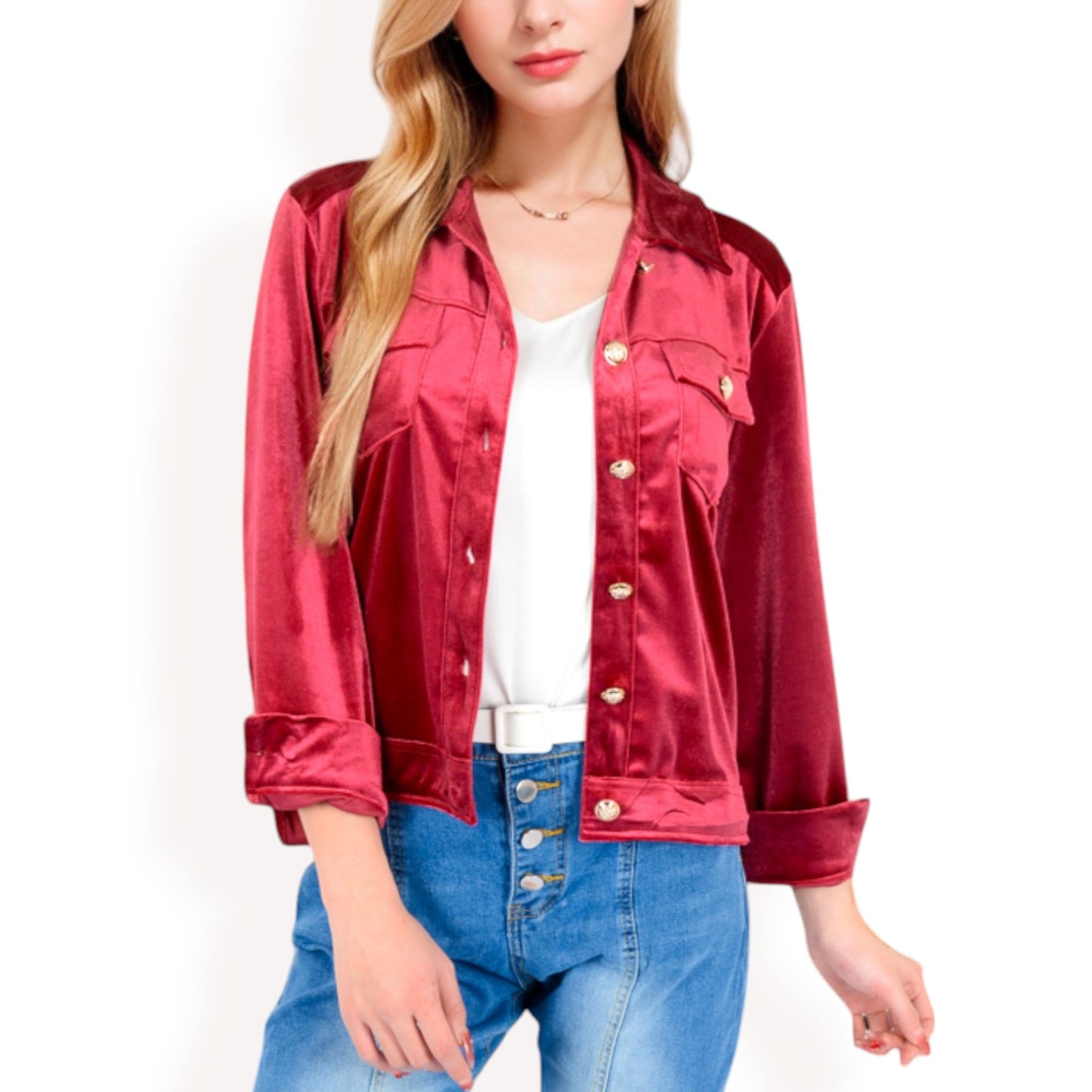 Anna-Kaci Women's Button-Up Velvet Jacket with Chest Pockets