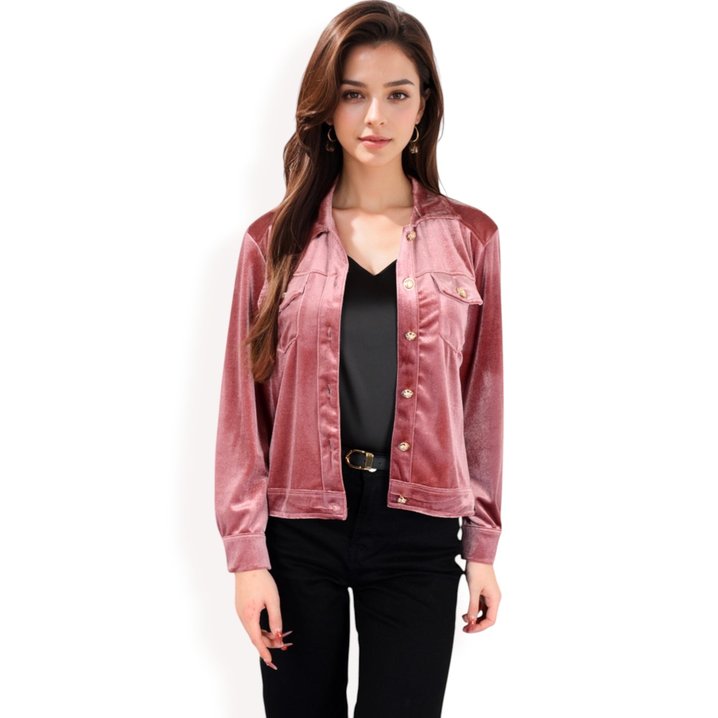 Anna-Kaci Women's Button-Up Velvet Jacket with Chest Pockets