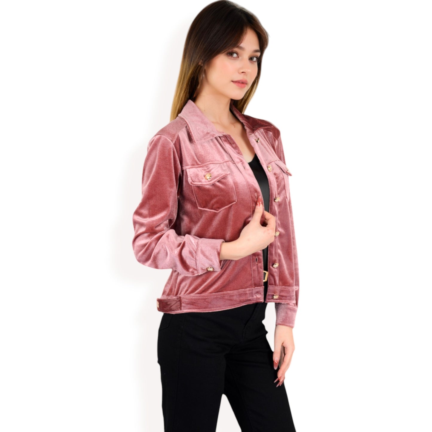 Anna-Kaci Women's Button-Up Velvet Jacket with Chest Pockets