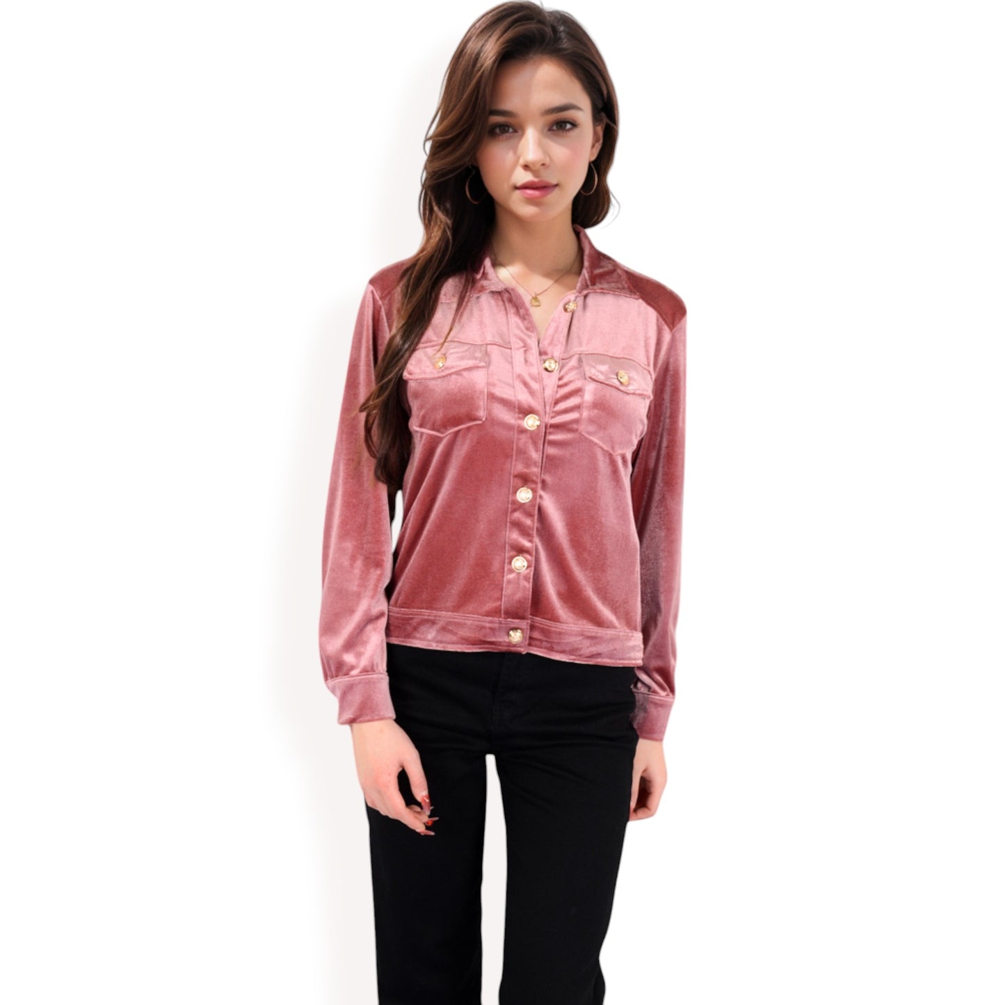 Anna-Kaci Women's Button-Up Velvet Jacket with Chest Pockets