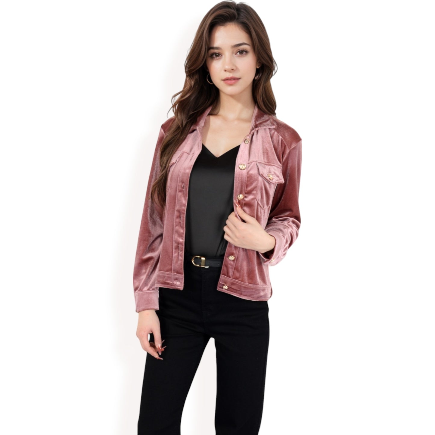 Anna-Kaci Women's Button-Up Velvet Jacket with Chest Pockets