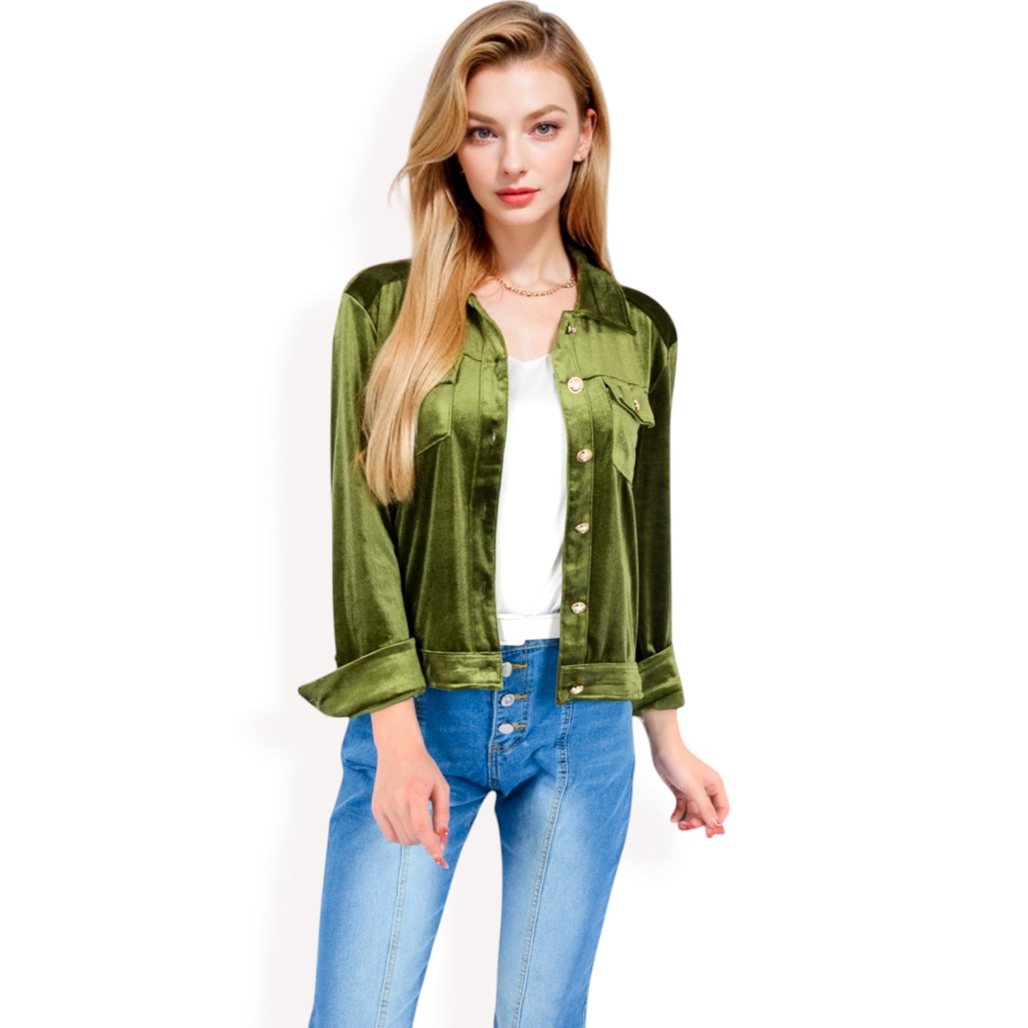 Anna-Kaci Women's Button-Up Velvet Jacket with Chest Pockets