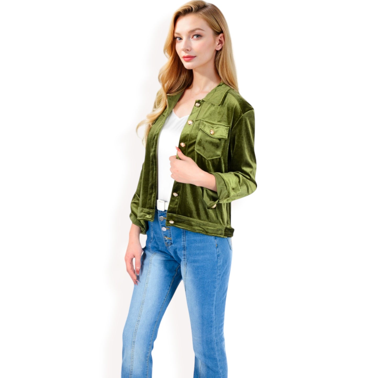 Anna-Kaci Women's Button-Up Velvet Jacket with Chest Pockets