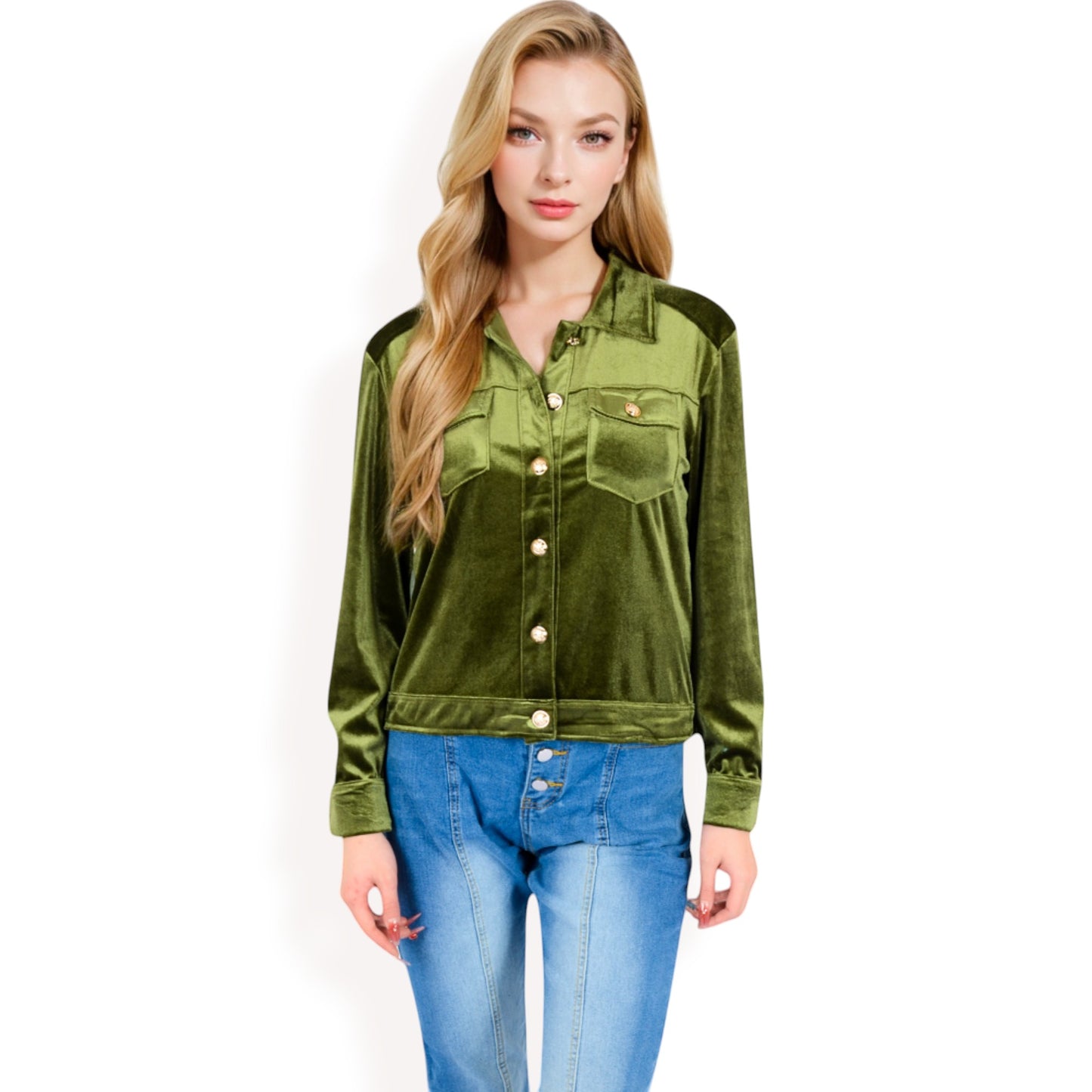 Anna-Kaci Women's Button-Up Velvet Jacket with Chest Pockets