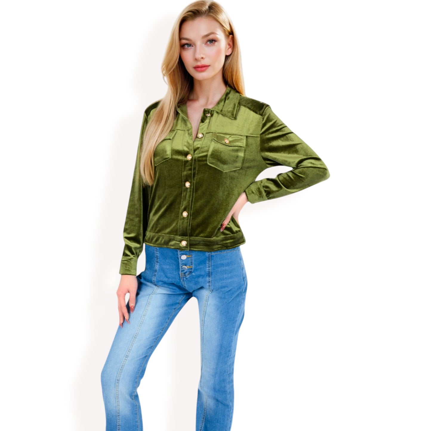 Anna-Kaci Women's Button-Up Velvet Jacket with Chest Pockets