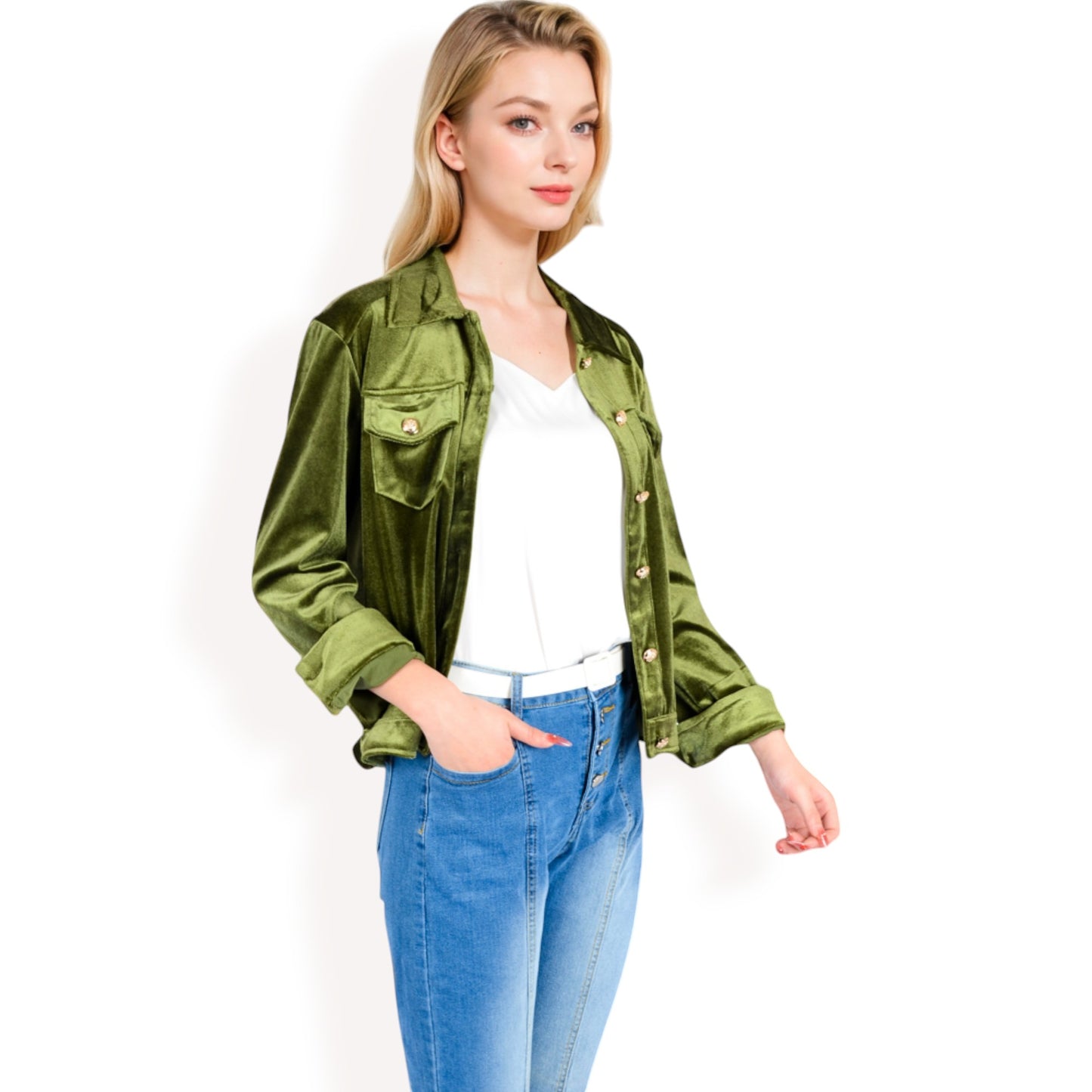 Anna-Kaci Women's Button-Up Velvet Jacket with Chest Pockets
