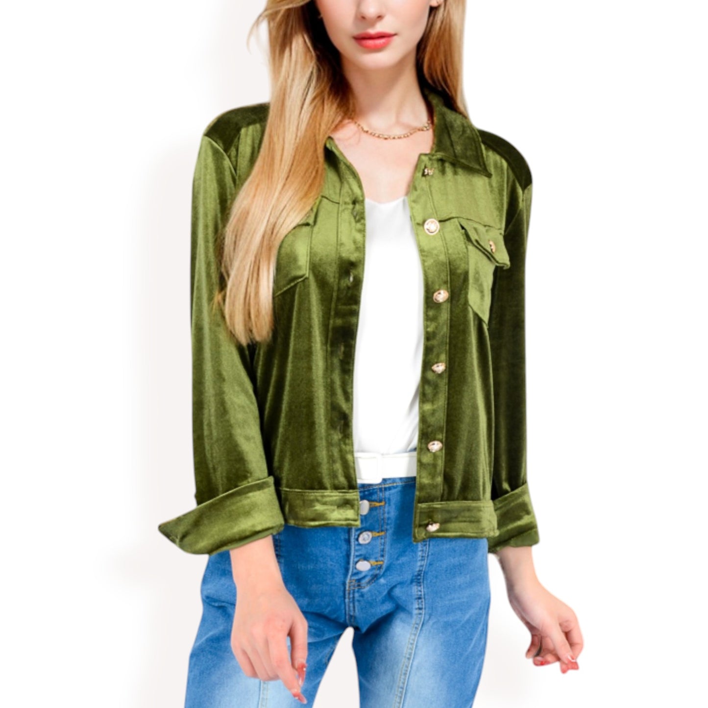 Anna-Kaci Women's Button-Up Velvet Jacket with Chest Pockets