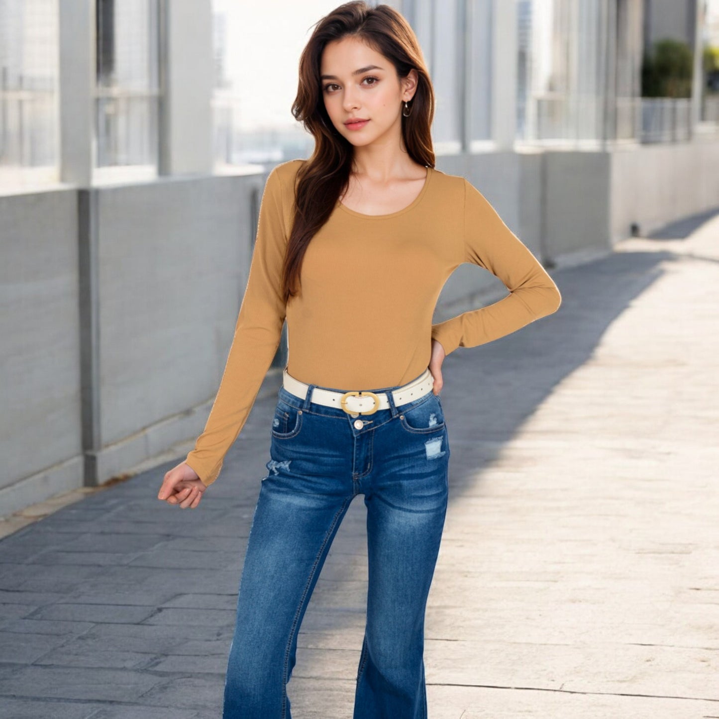 Anna-Kaci Women's Long Sleeve Scoop Neck Stretch Knit Top