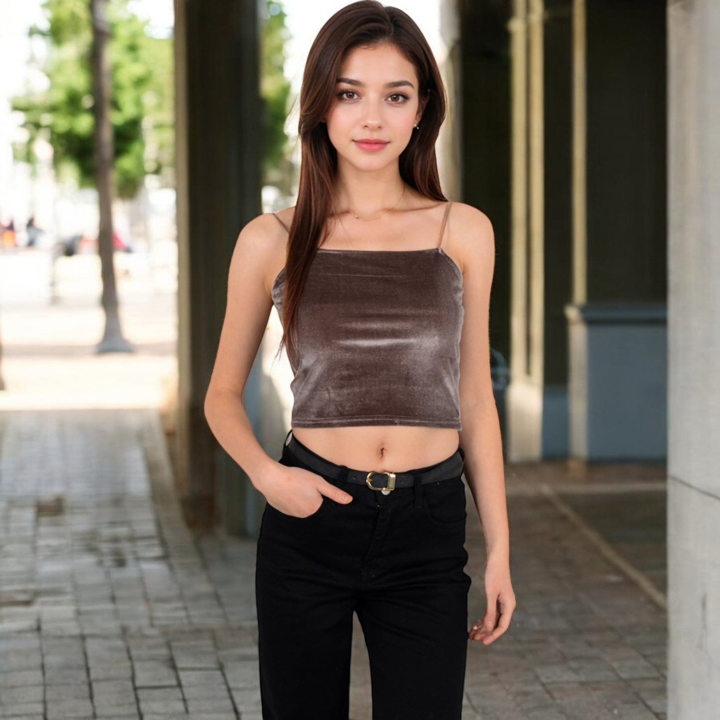 Anna-Kaci Women's Velvet Spaghetti Strap Cropped Cami Top