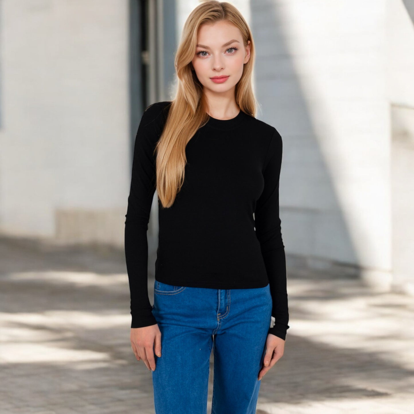 Anna-Kaci Women's Ribbed Long Sleeve Fitted Crew Neck Top