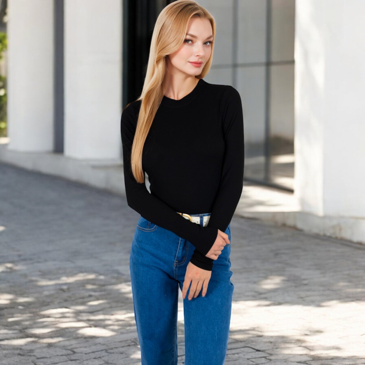 Anna-Kaci Women's Ribbed Long Sleeve Fitted Crew Neck Top