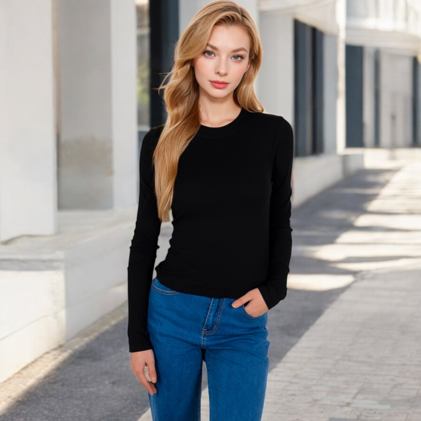 Anna-Kaci Women's Ribbed Long Sleeve Fitted Crew Neck Top