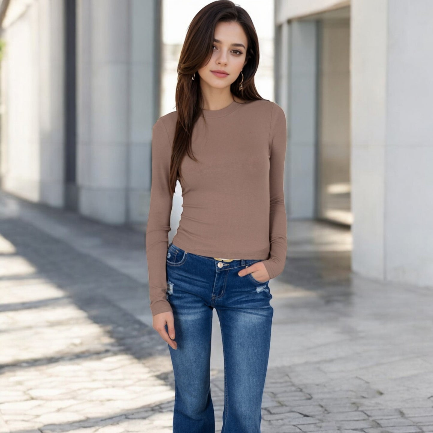 Anna-Kaci Women's Ribbed Long Sleeve Fitted Crew Neck Top