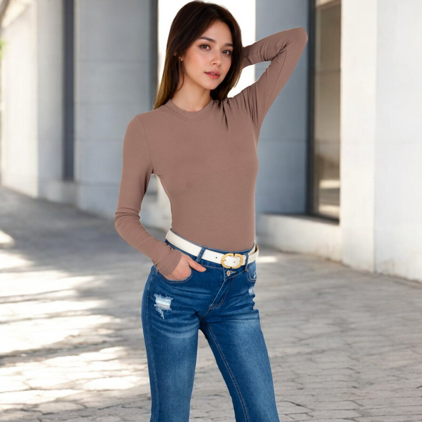 Anna-Kaci Women's Ribbed Long Sleeve Fitted Crew Neck Top