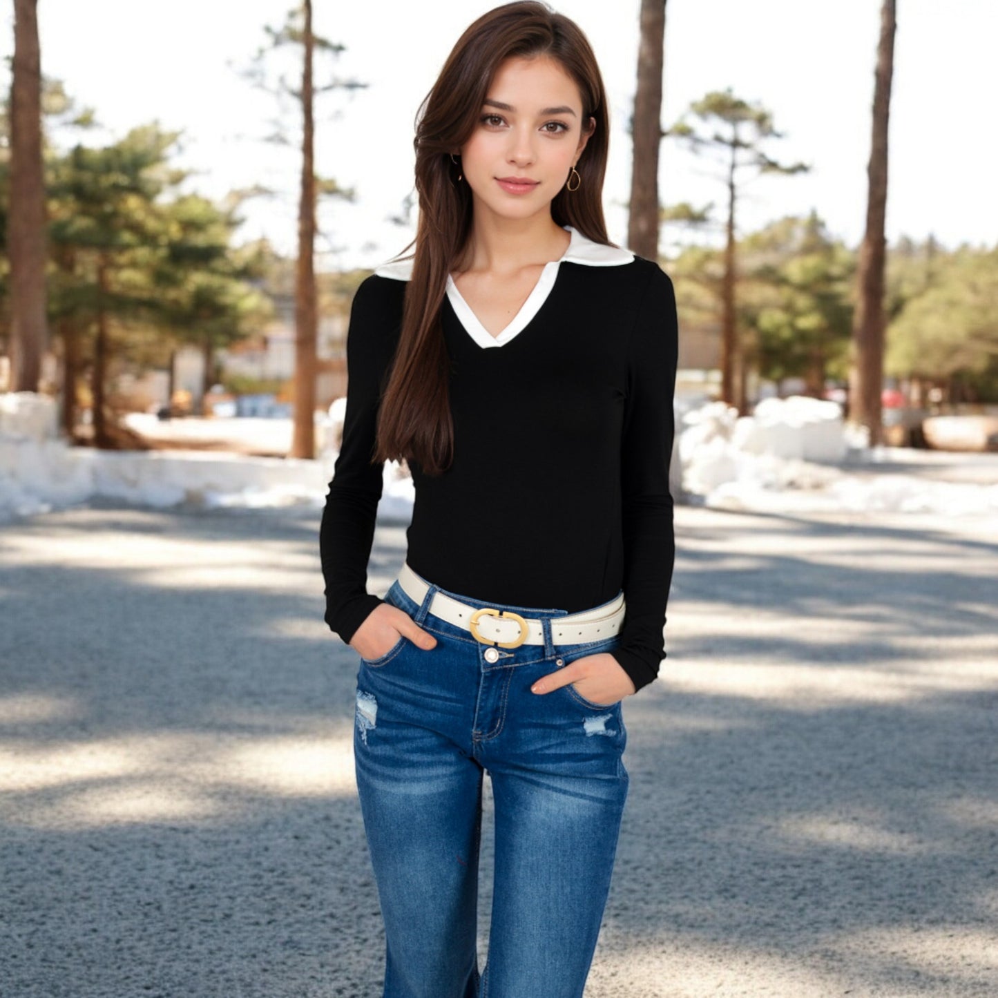 Anna-Kaci Women's Long Sleeve V-Neck Shirt with Contrast Collar