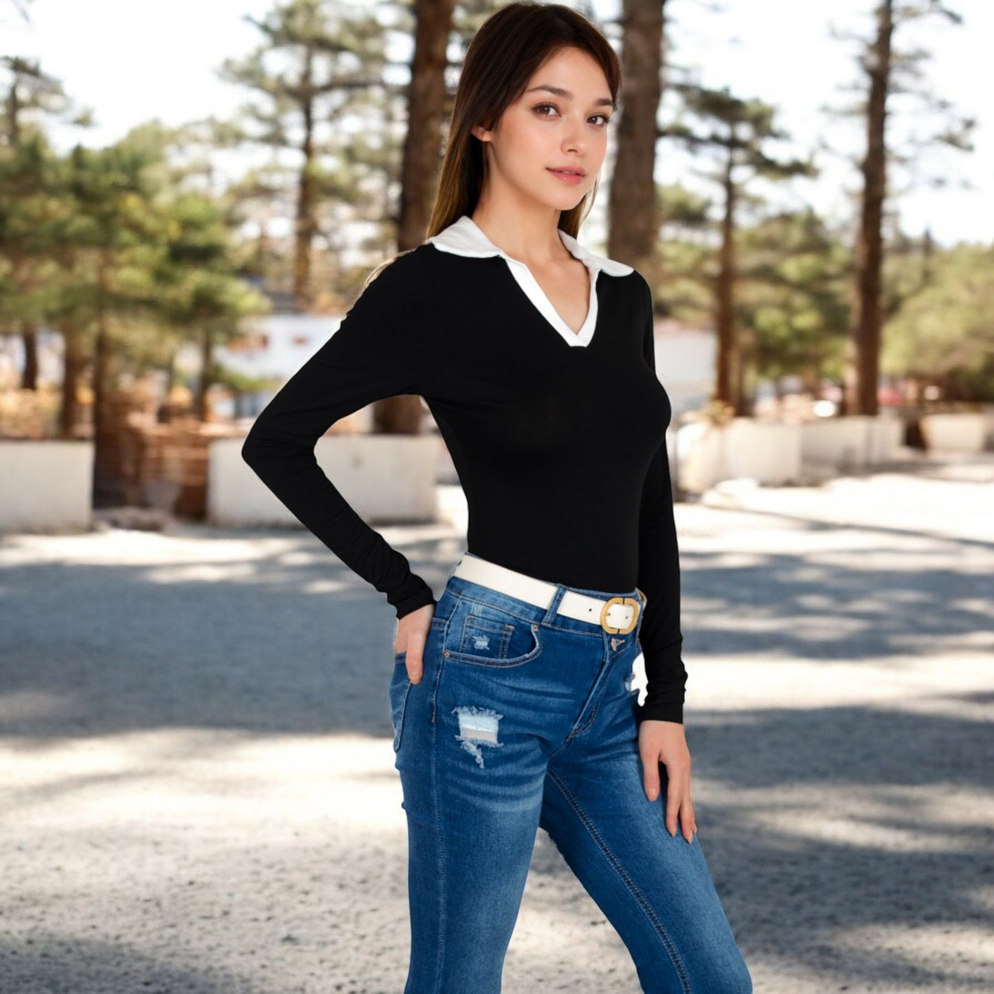 Anna-Kaci Women's Long Sleeve V-Neck Shirt with Contrast Collar