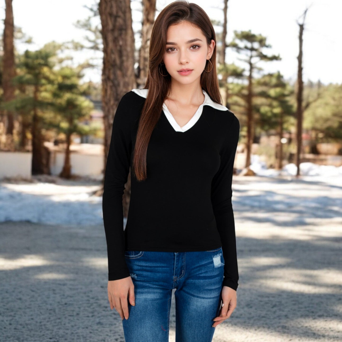 Anna-Kaci Women's Long Sleeve V-Neck Shirt with Contrast Collar