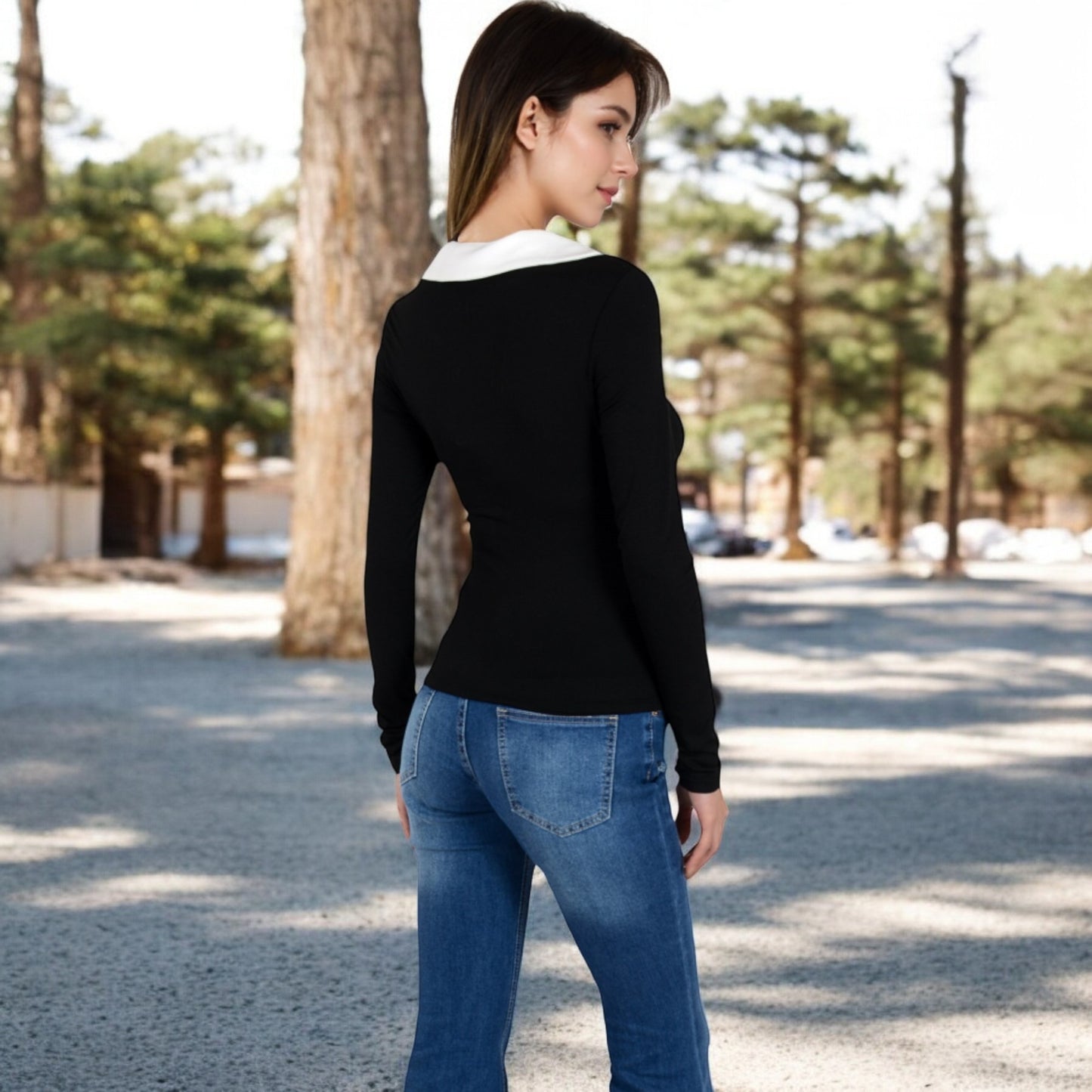 Anna-Kaci Women's Long Sleeve V-Neck Shirt with Contrast Collar