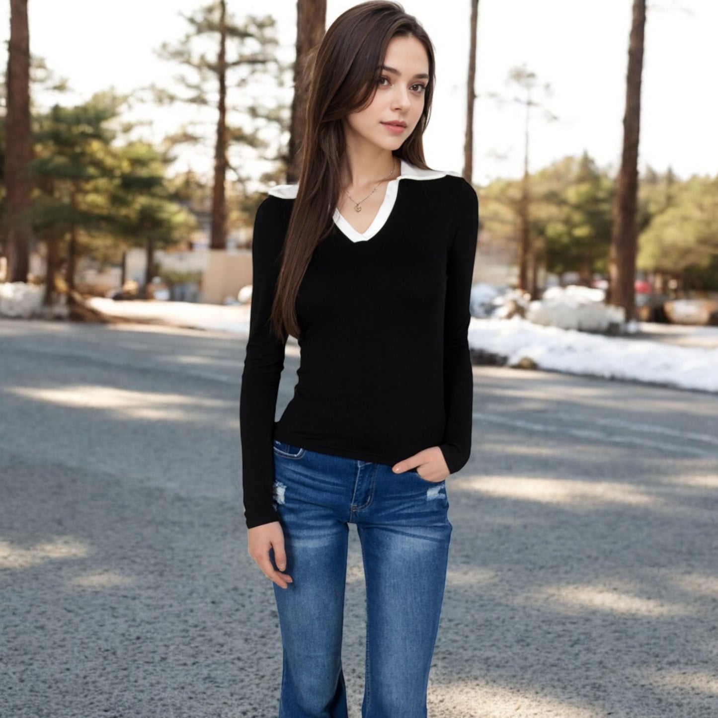 Anna-Kaci Women's Long Sleeve V-Neck Shirt with Contrast Collar