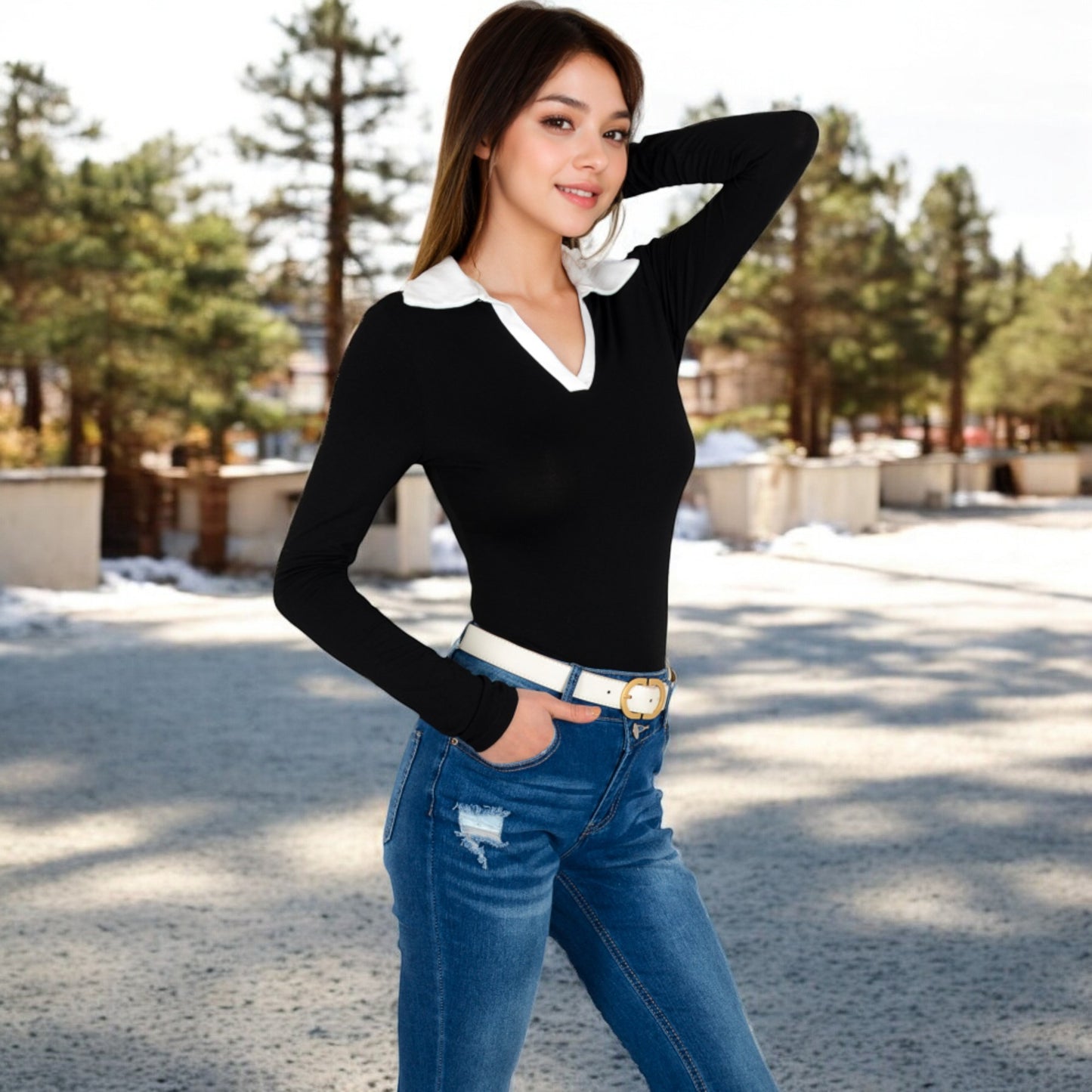 Anna-Kaci Women's Long Sleeve V-Neck Shirt with Contrast Collar