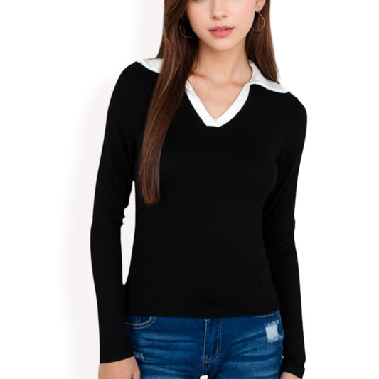 Anna-Kaci Women's Long Sleeve V-Neck Shirt with Contrast Collar