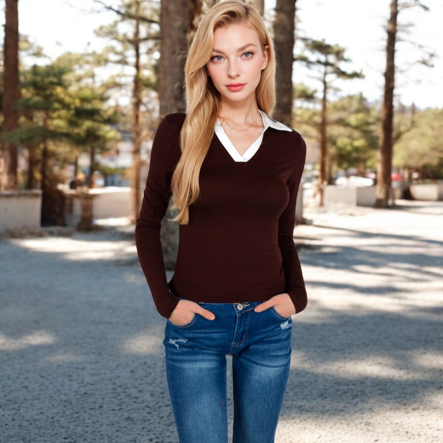 Anna-Kaci Women's Long Sleeve V-Neck Shirt with Contrast Collar