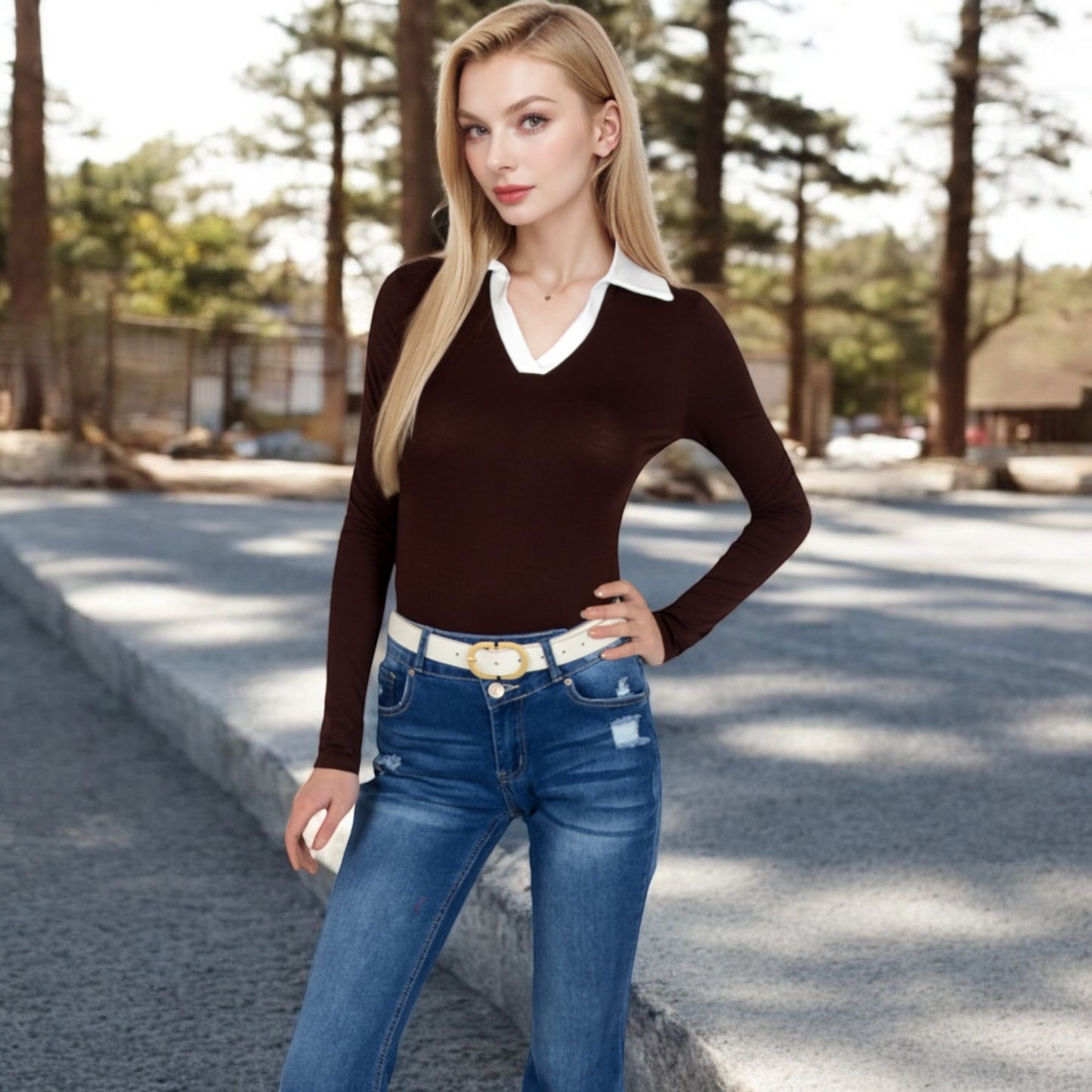 Anna-Kaci Women's Long Sleeve V-Neck Shirt with Contrast Collar