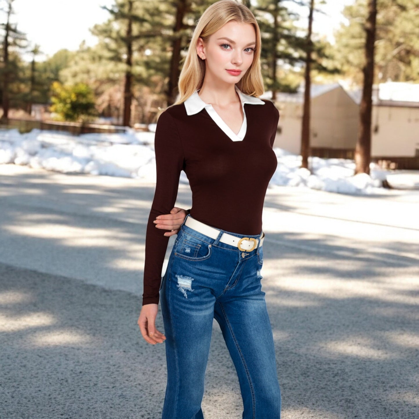 Anna-Kaci Women's Long Sleeve V-Neck Shirt with Contrast Collar