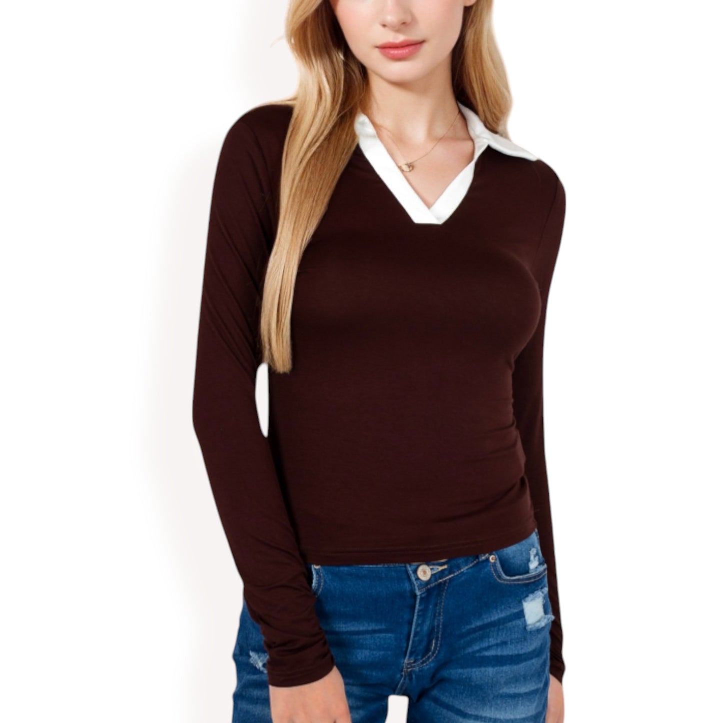 Anna-Kaci Women's Long Sleeve V-Neck Shirt with Contrast Collar