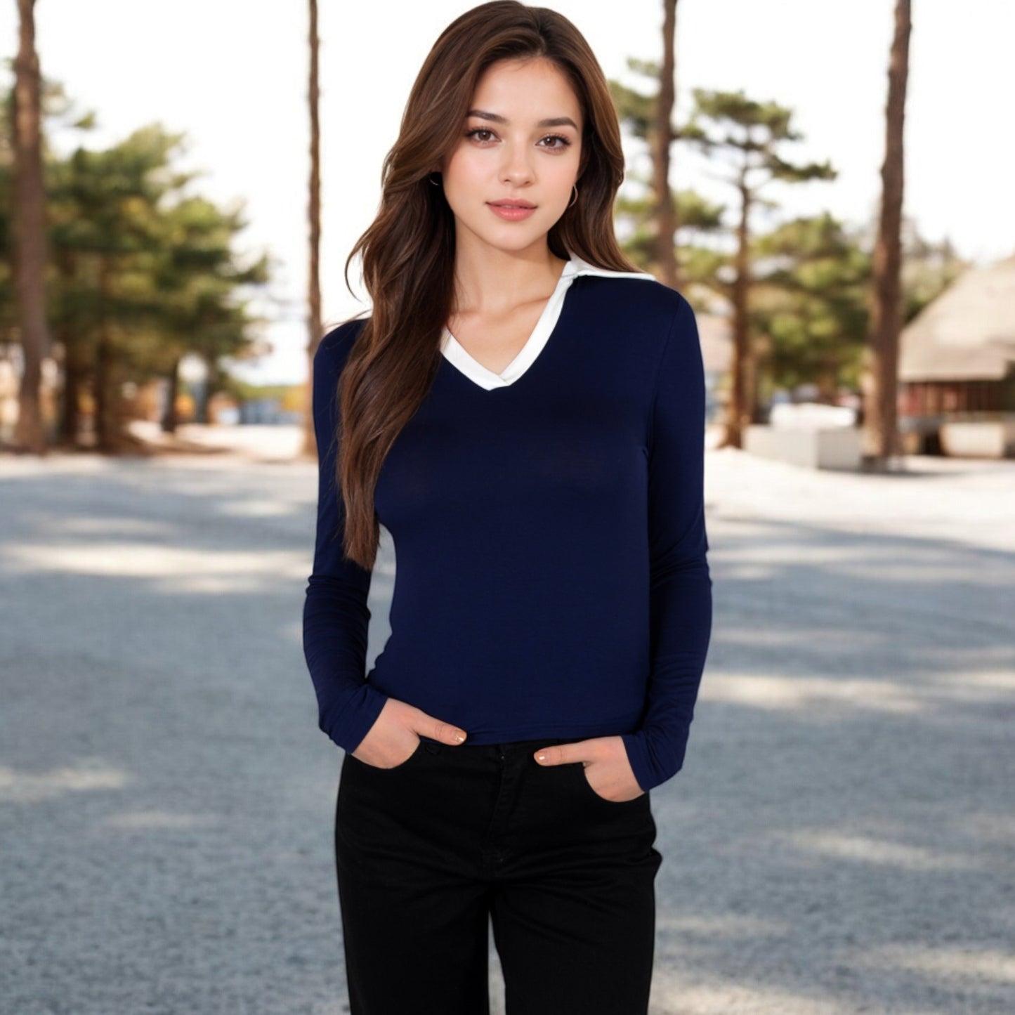 Anna-Kaci Women's Long Sleeve V-Neck Shirt with Contrast Collar