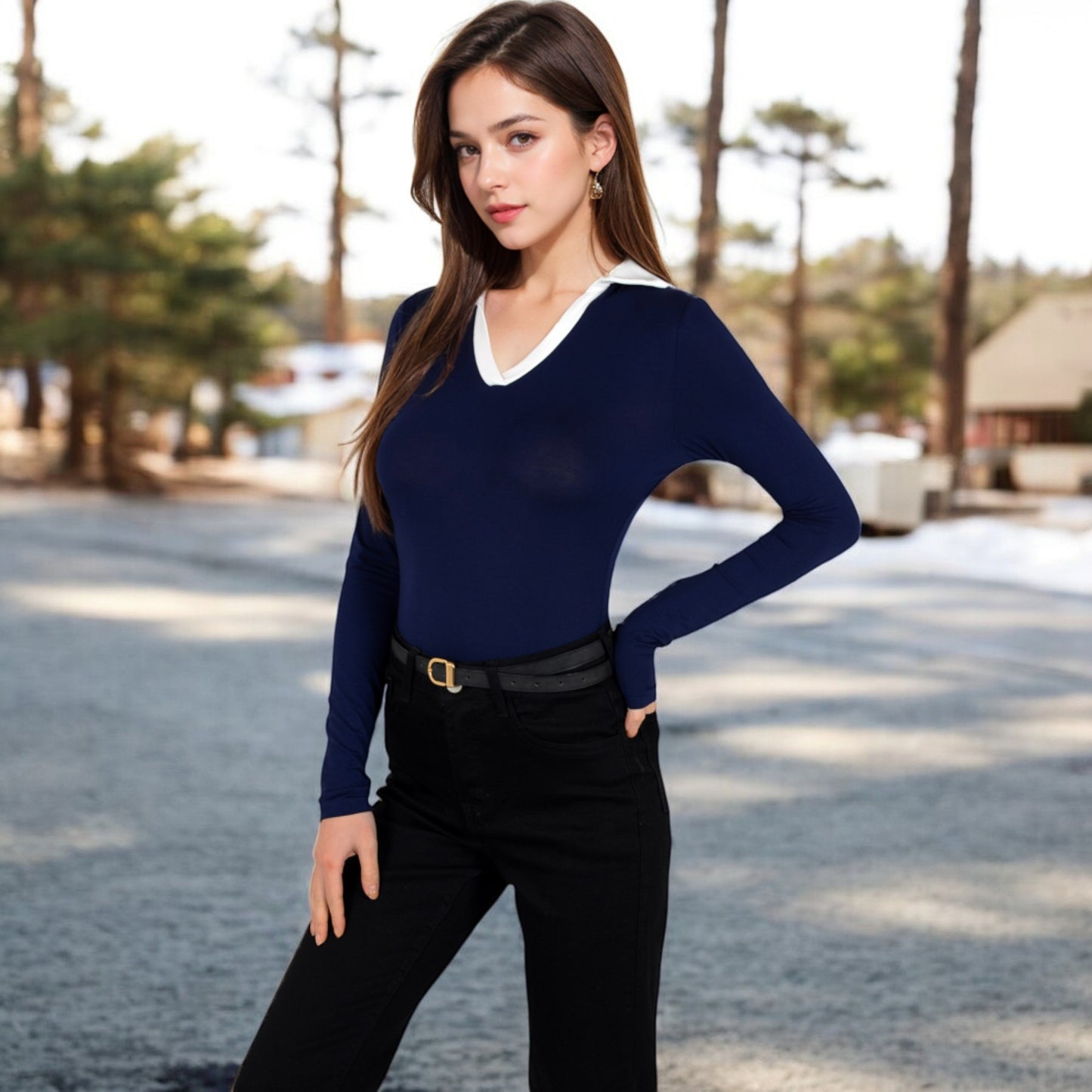 Anna-Kaci Women's Long Sleeve V-Neck Shirt with Contrast Collar