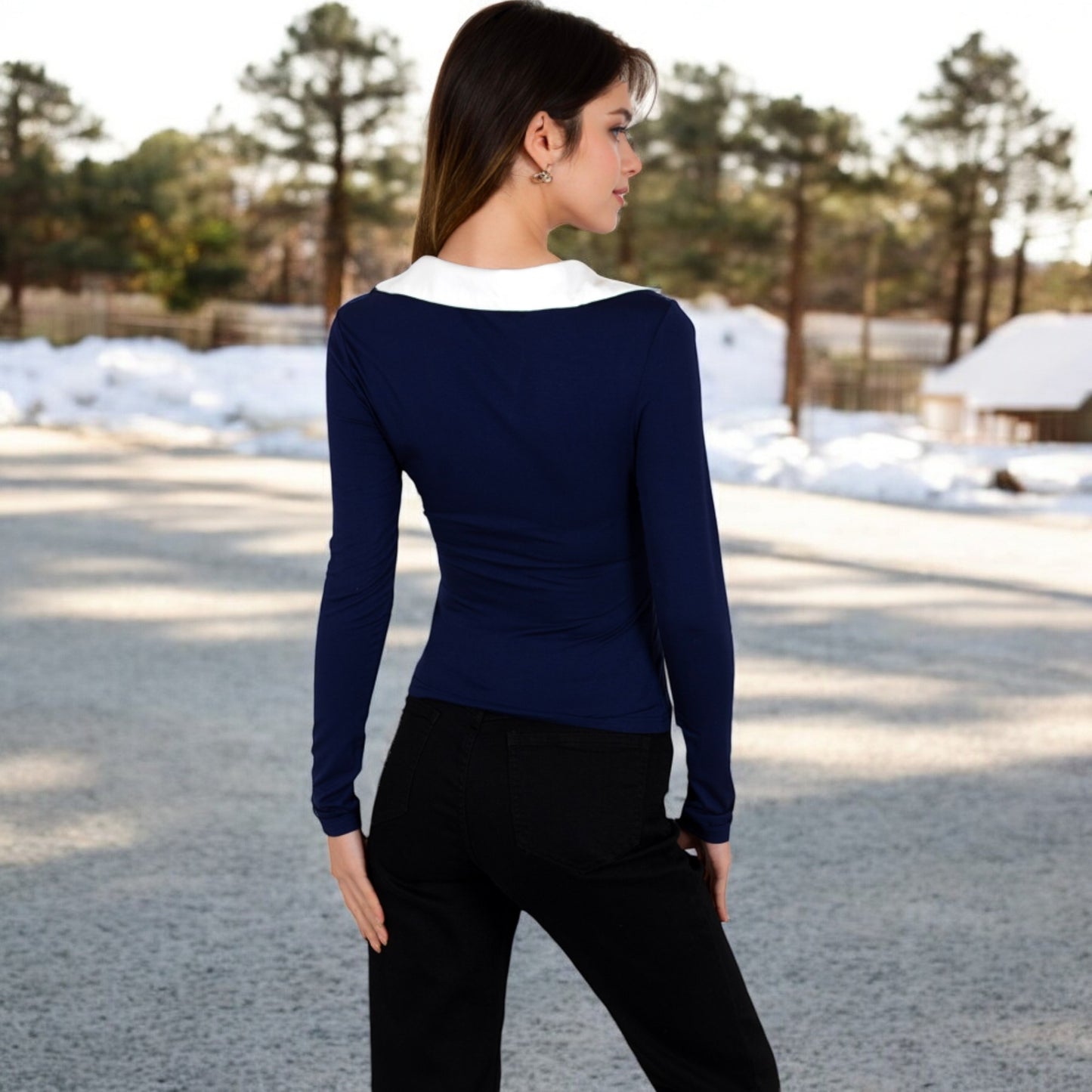 Anna-Kaci Women's Long Sleeve V-Neck Shirt with Contrast Collar