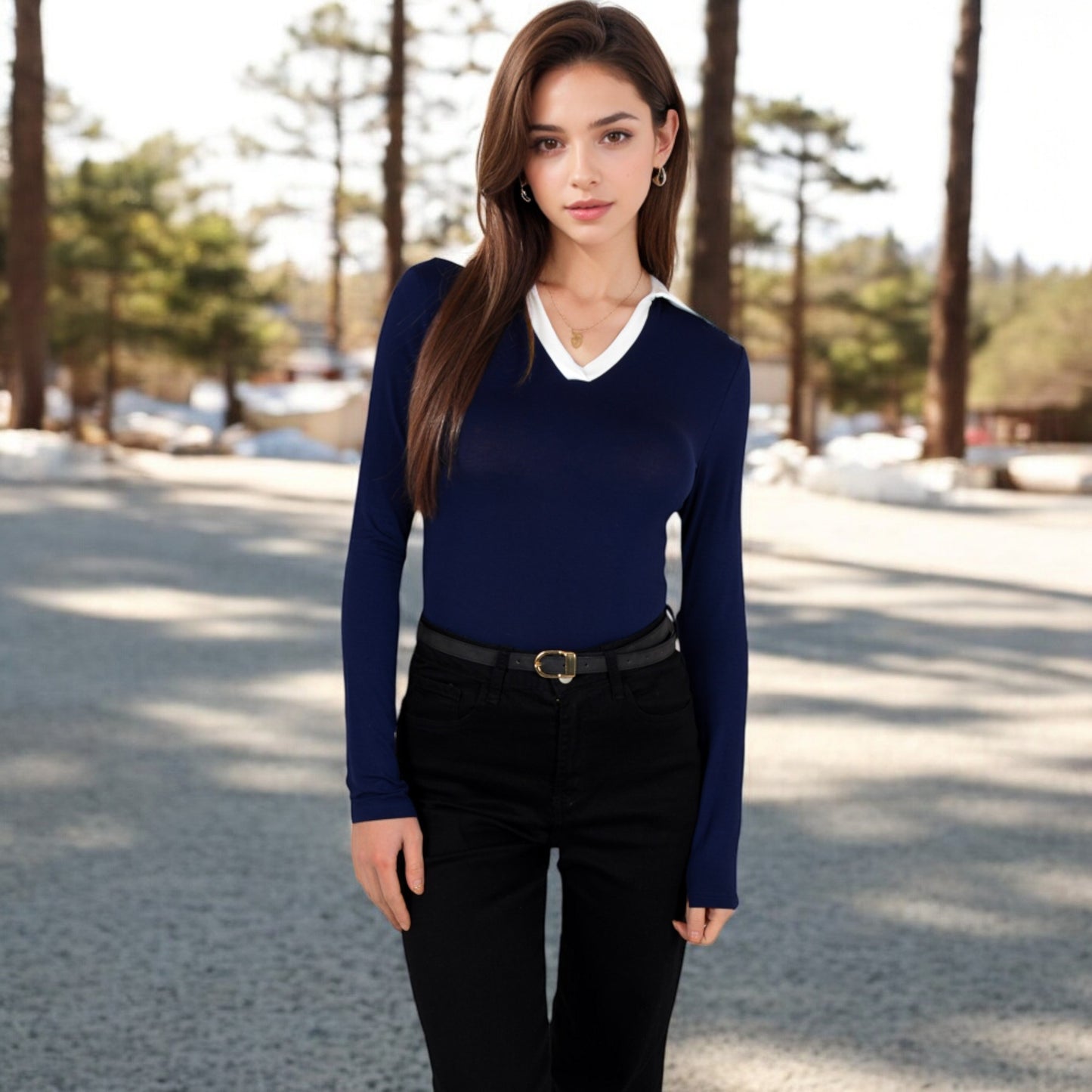 Anna-Kaci Women's Long Sleeve V-Neck Shirt with Contrast Collar