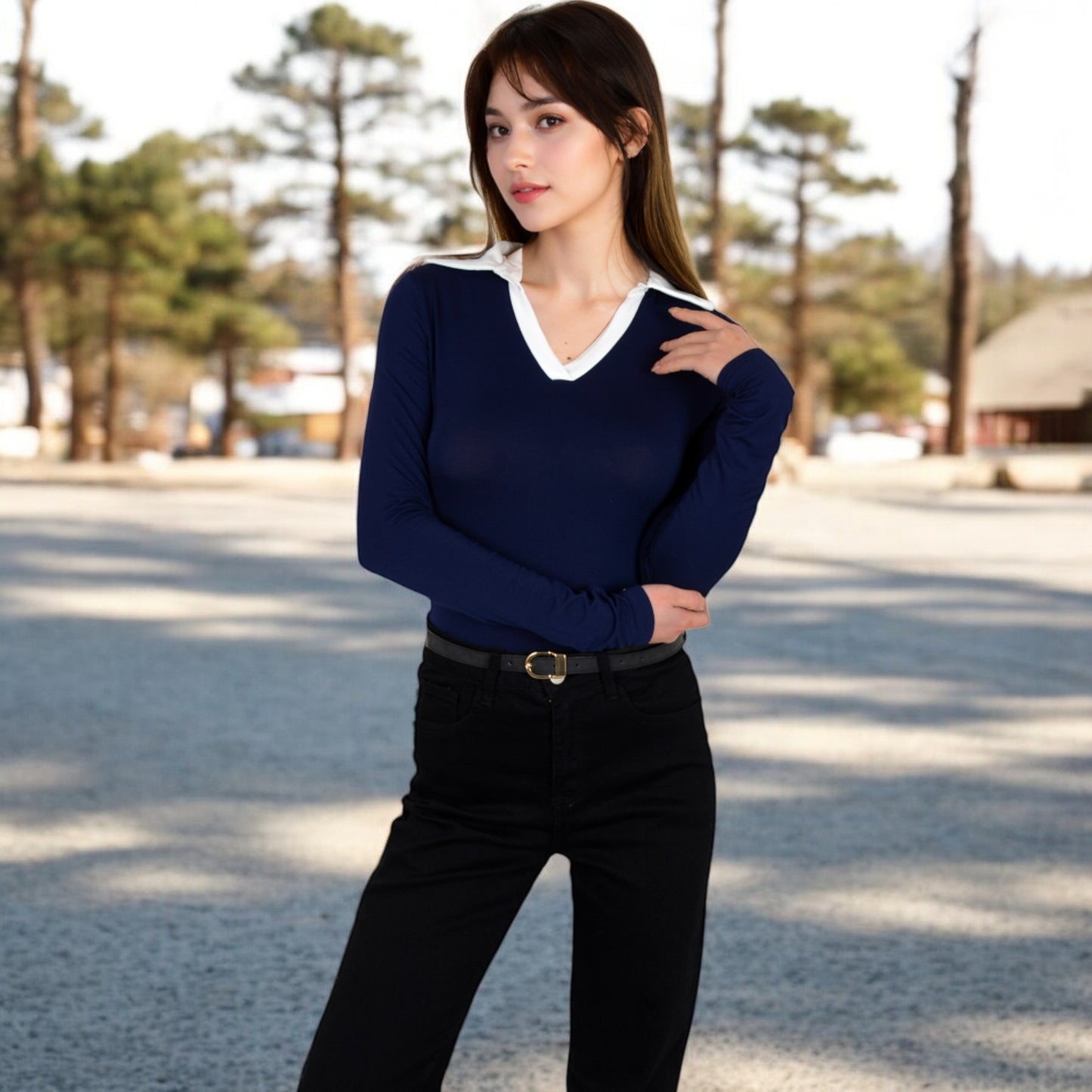 Anna-Kaci Women's Long Sleeve V-Neck Shirt with Contrast Collar