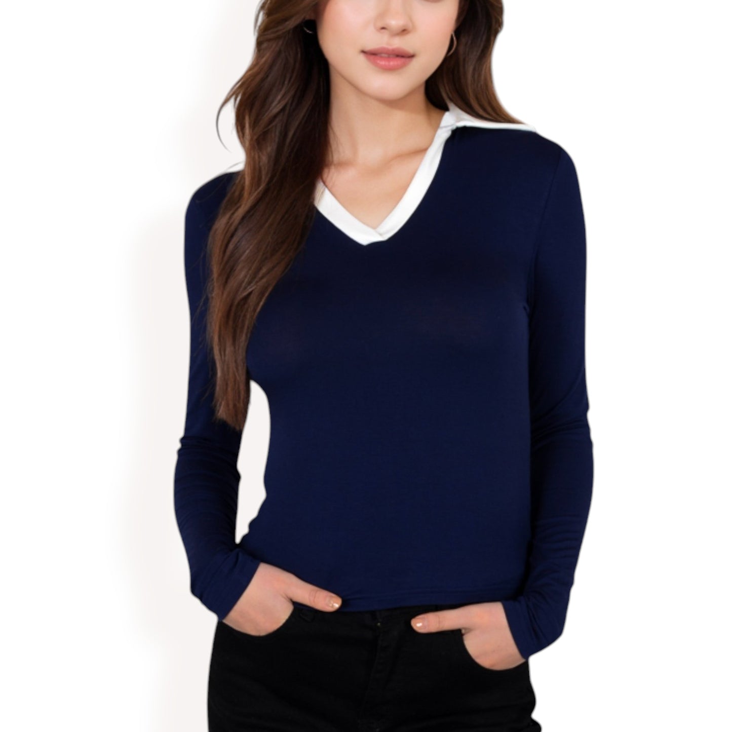 Anna-Kaci Women's Long Sleeve V-Neck Shirt with Contrast Collar