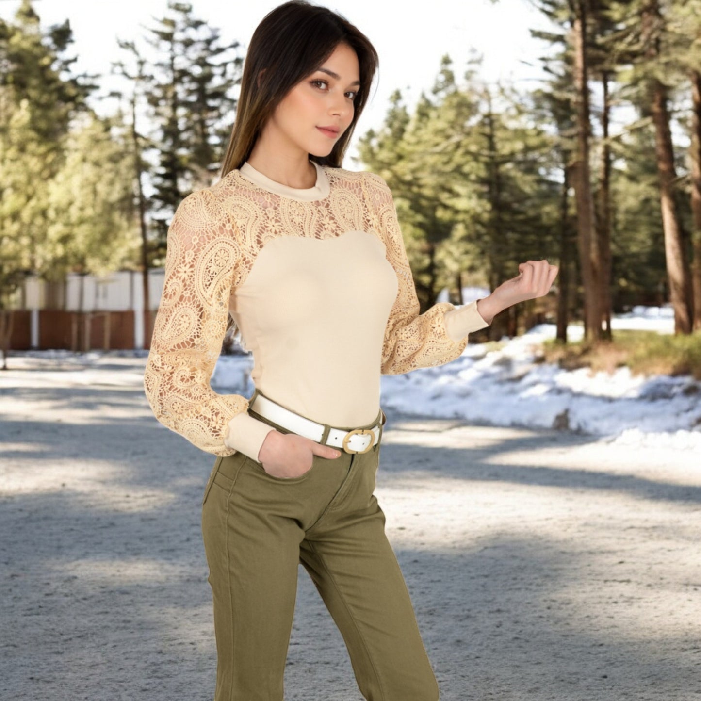 Anna-Kaci Women's Long Sleeve Lace Detail Top with Stretch Knit Bodice